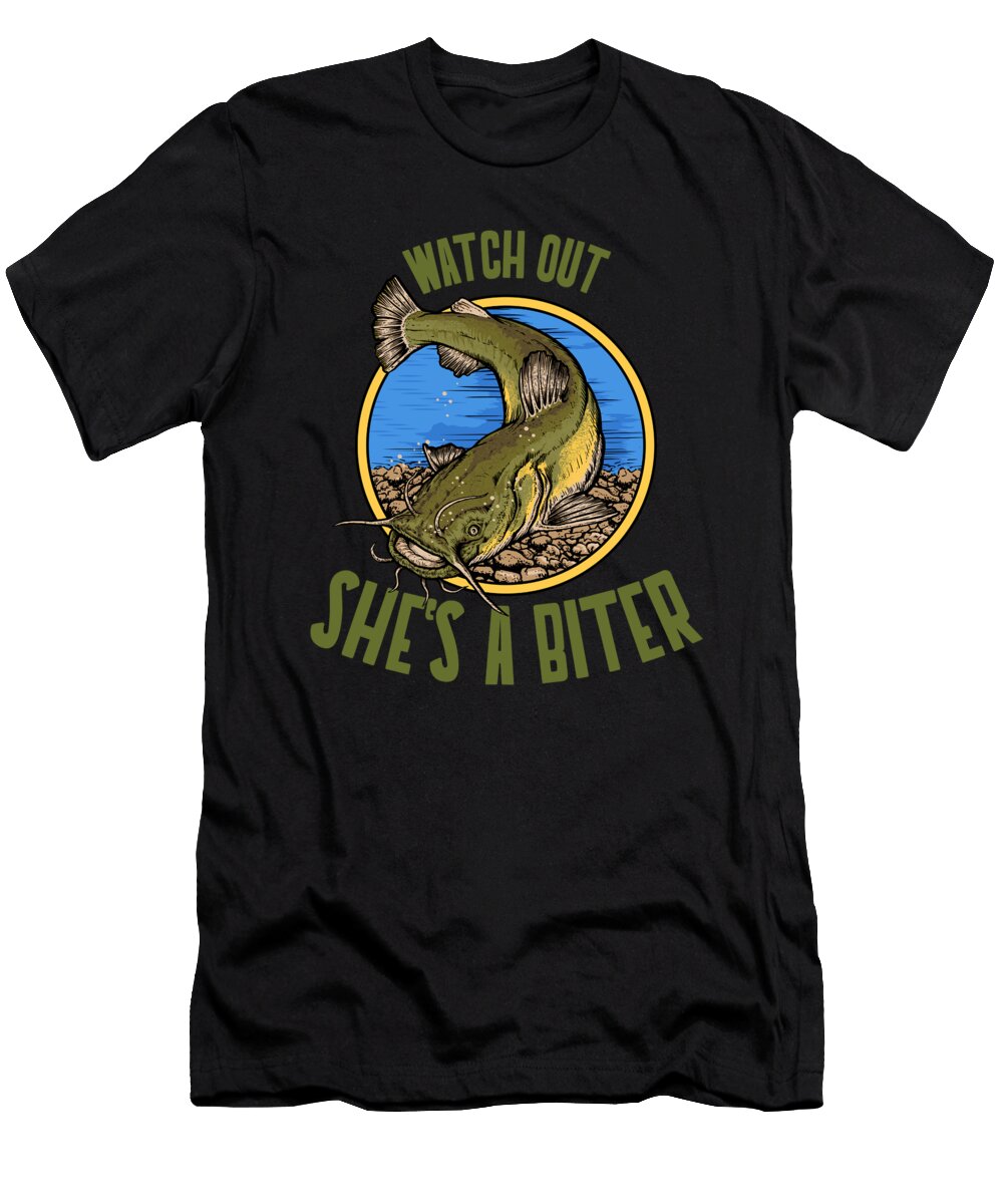 Funny Catfish Fishing Shes a Biter Design Jacob Hughes T-Shirt