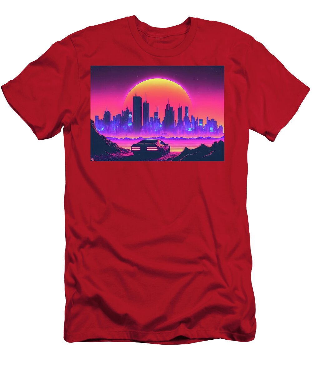 Futuristic Cityscape At Dusk Chasing the 80s Sunset Travel Poster Art Print T-Shirt
