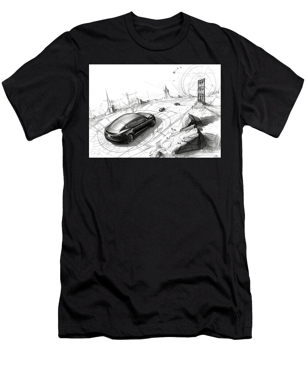 Futuristic Cityscape with Tesla Model S Sketch Cortez Schinner T-Shirt