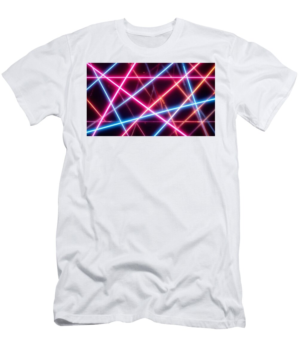 Futuristic Neon Light Strips Abstract Background with Glowing Pink and Blue Laser Lines Talha Khan T-Shirt