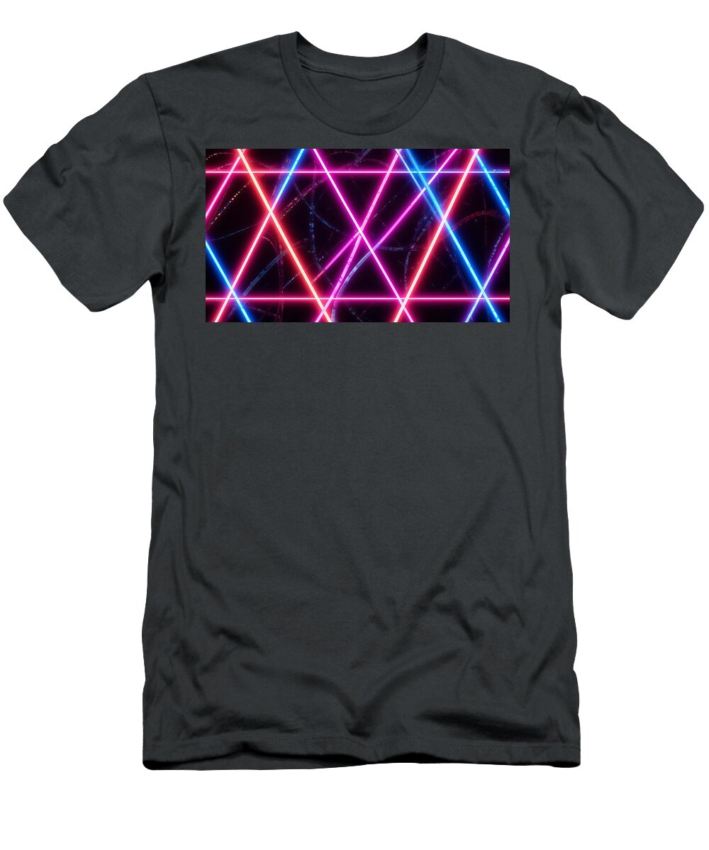 Futuristic Neon Triangle Background with Glowing Pink and Blue Laser Light Lines Talha Khan T-Shirt
