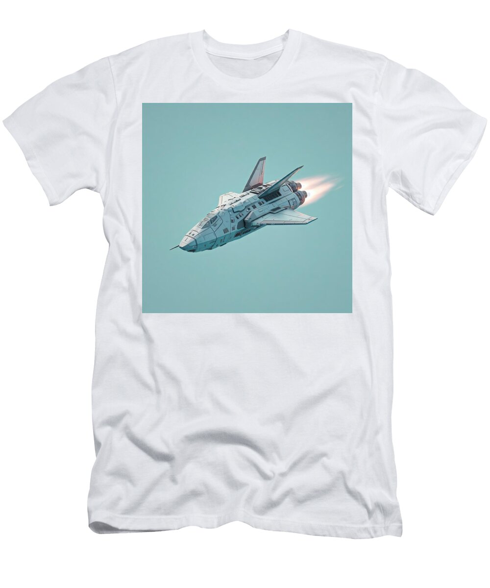 Futuristic Space Shuttle Craft Flying in Clear Blue Sky with Glowing Engine Exhaust Talha Khan T-Shirt