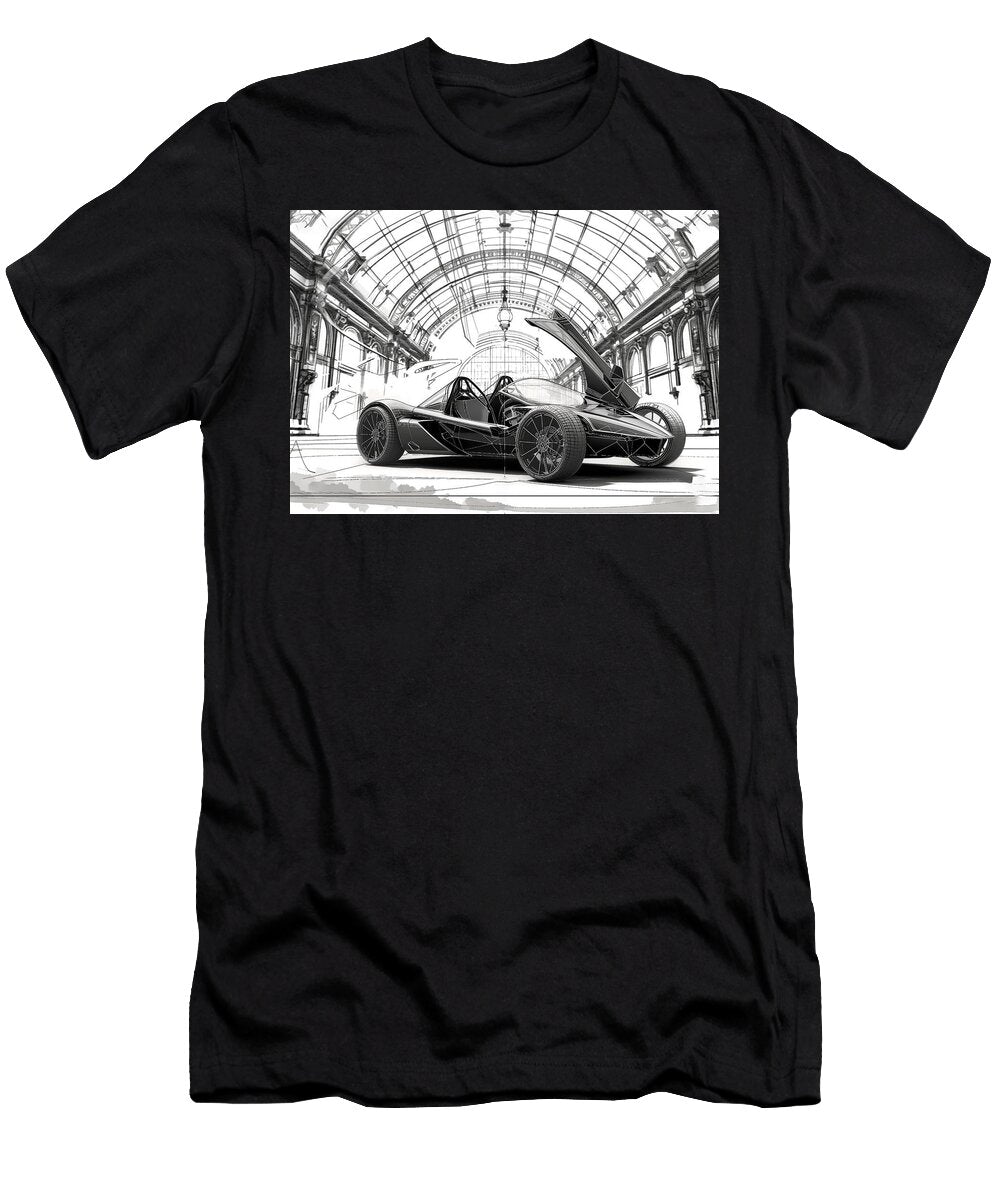 Futuristic Sports Mev Evo Concept Sketch in Architectural Setting Cortez Schinner T-Shirt