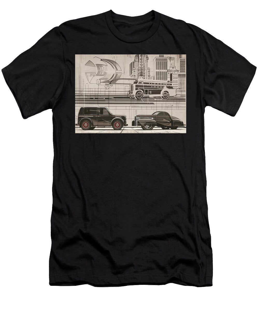 Futuristic Vintage Ford Transit Chassis Cab Car S in a Retro Cityscape Kyran Estrada T-Shirt