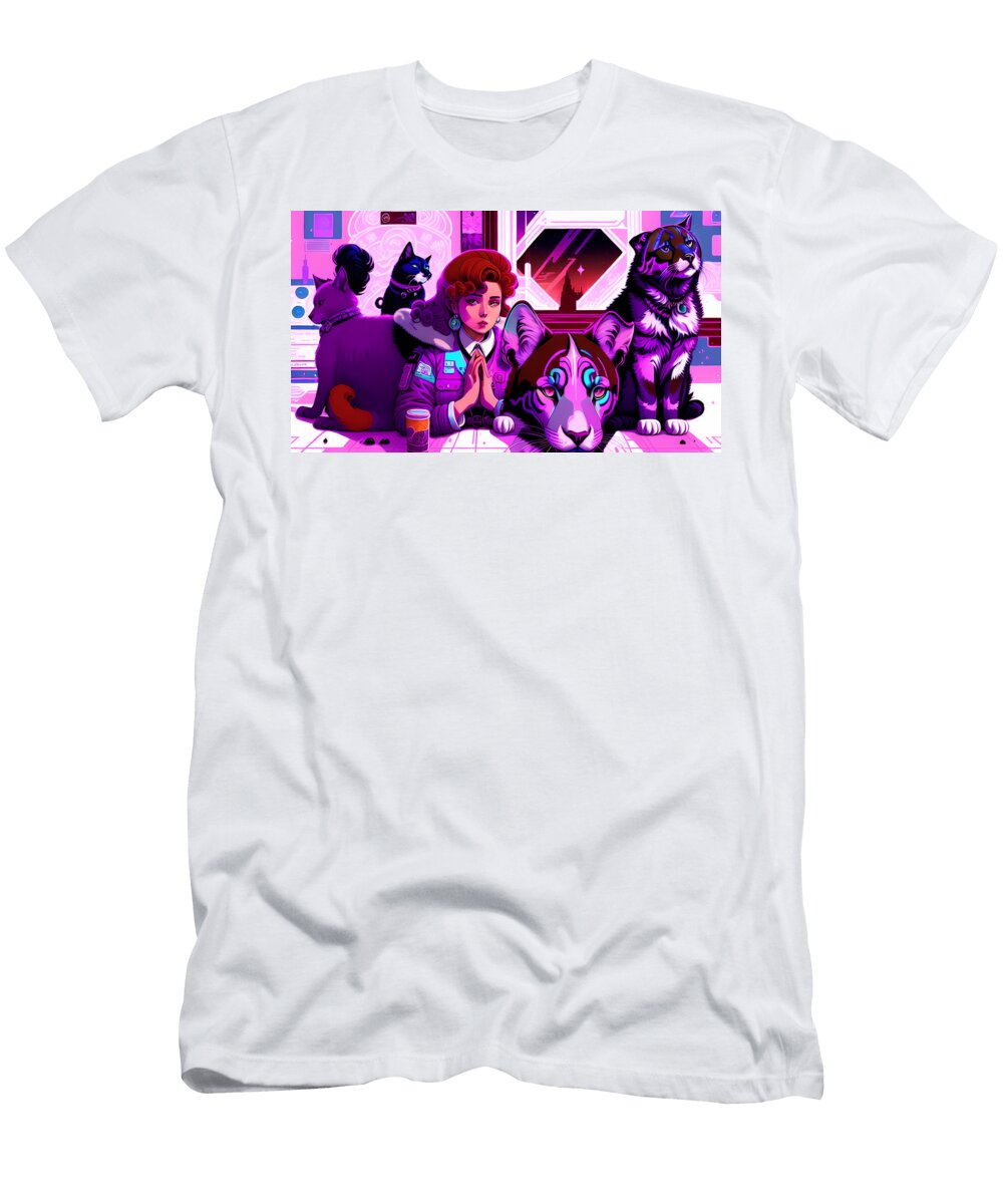 Futuristic Woman with Unique Cats in Neon Cyberpunk Room Jon Fennel T-Shirt
