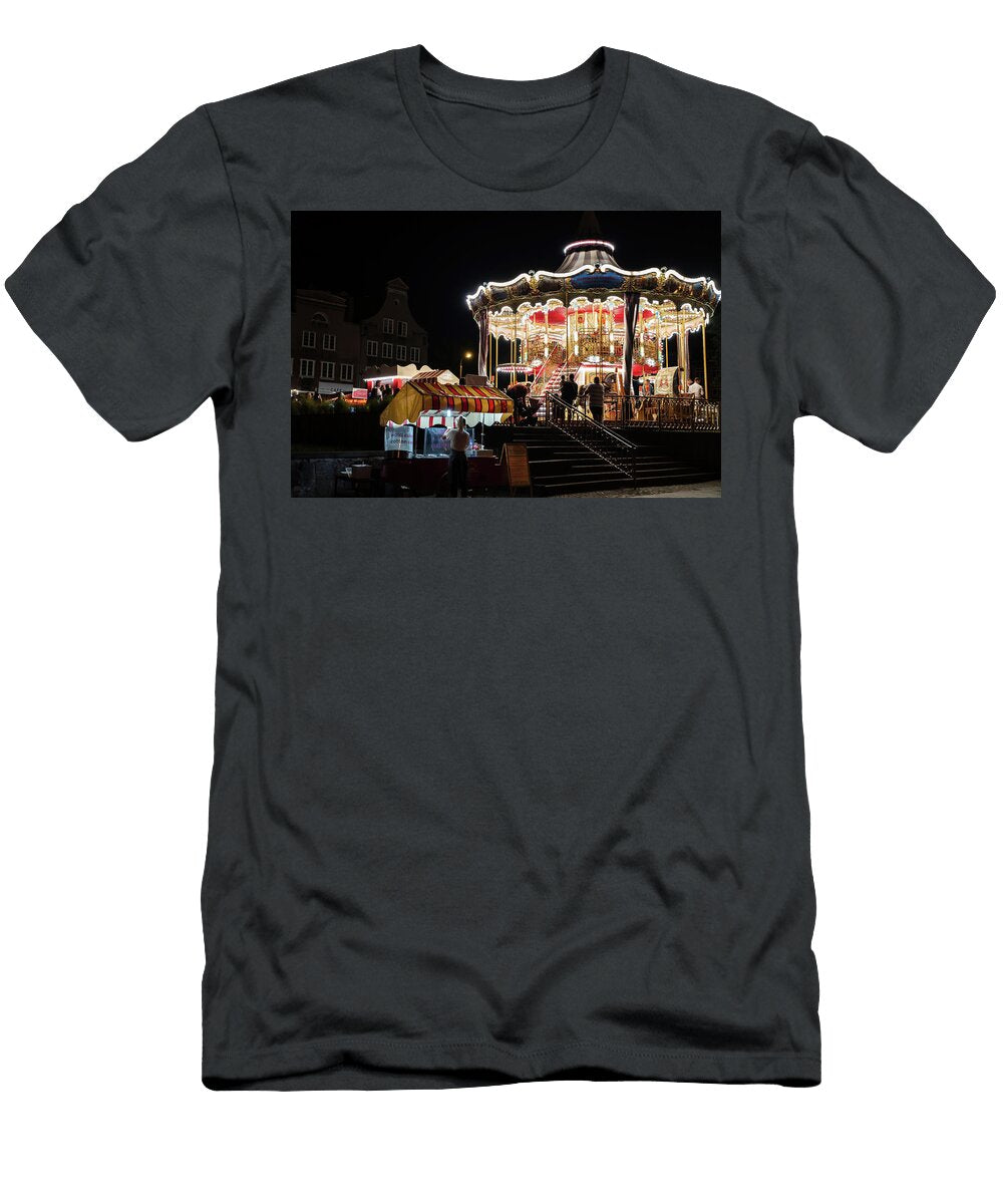 Gdansk North Poland Night Photography of Illuminated Carousel Horse for Kids At City Center Old Town Over Motlawa River Near Baltic City Arpan Bhatia T-Shirt
