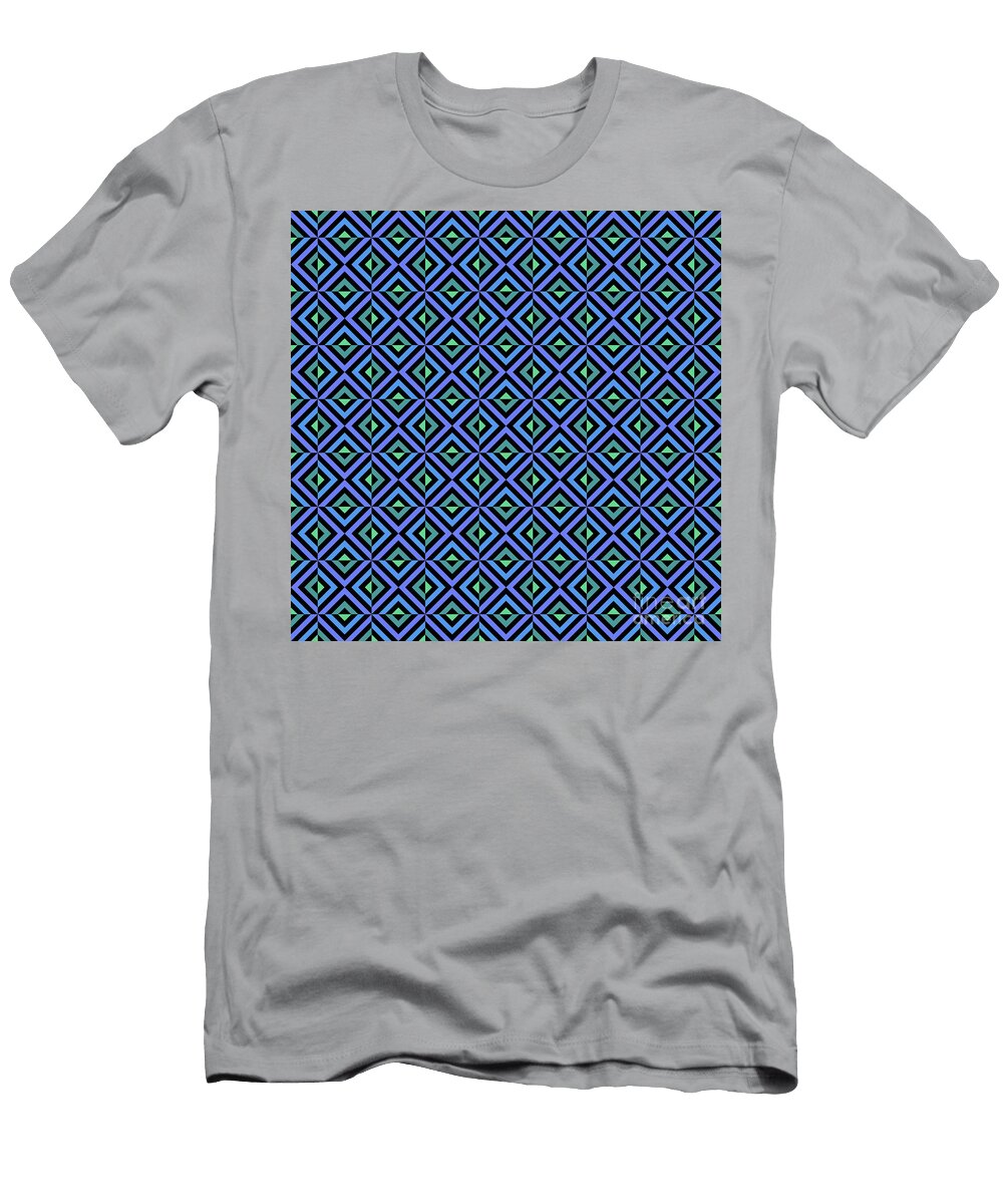Geometric Art Deco Alternating Chevron Square Tile Pattern in Cool Blue Tones N323 Holy Rock Design T-Shirt