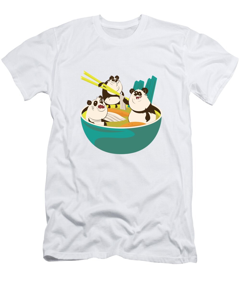 Giant Panda Bears in Japanese Ramen Noodle Bowl Cute and Funny Animal Art Designs T-Shirt