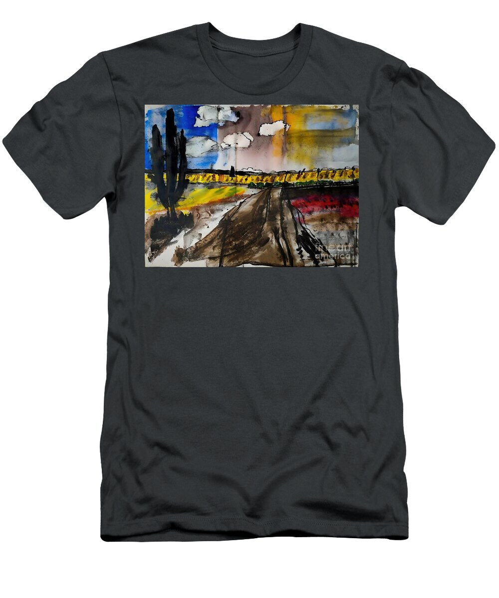 Gieveld 12 Painting Slenaken Heijenrath Yellow Gieveld the Past History Horizon Melancholy Old Farm Abstract Art Backdrop Background Black Blob Border Brown Brush Color Colour Crumpled Damaged N Akkash T-Shirt
