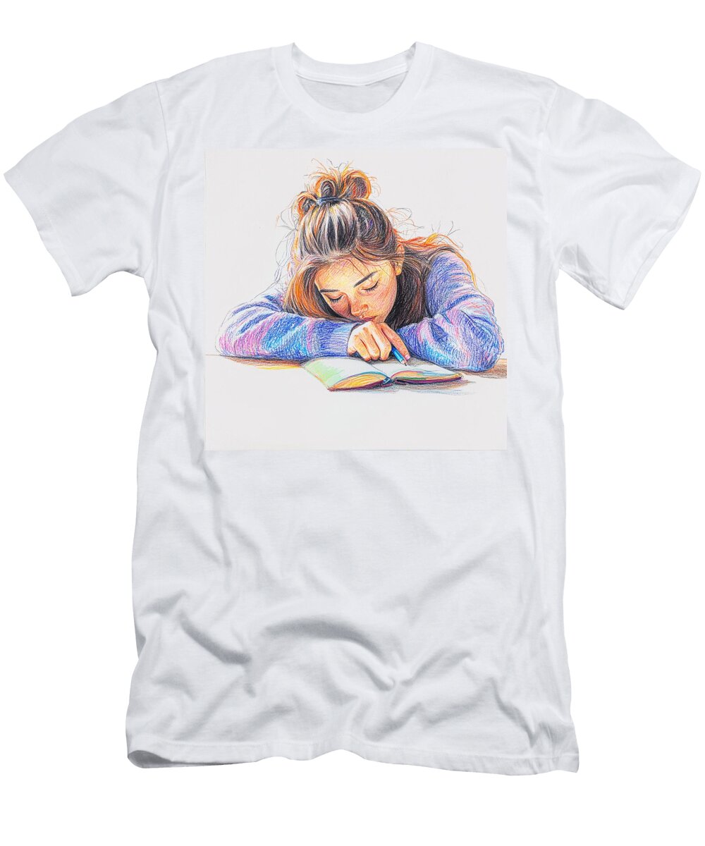 Girl Student Tired Sleeping Studying Desk School Learning Exhausted Books Homework Education Fatigue More Than Pictures T-Shirt