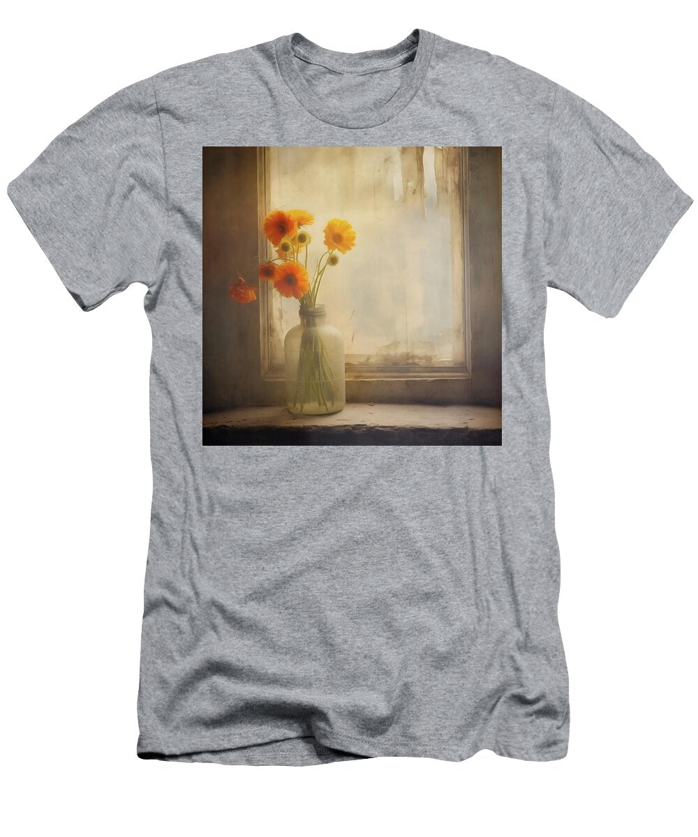 Glass Jug of Orange Yellow Flowers in Window Yo Pedro T-Shirt