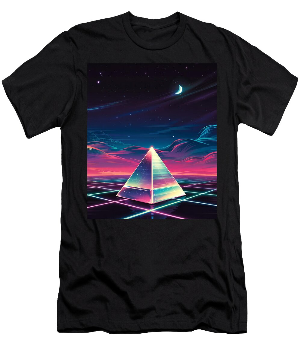 Glowing Pyramid in Neon Grid with Retro Sky Hakim Degou T-Shirt