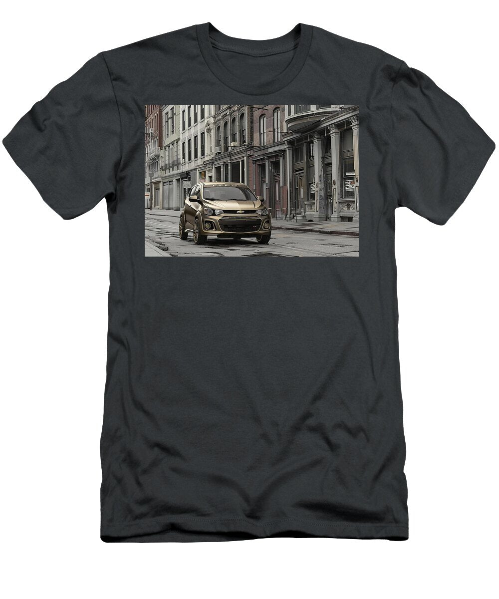 Gold Chevrolet Sonic Car on City Street Urban Transportation Photography Kyran Estrada T-Shirt