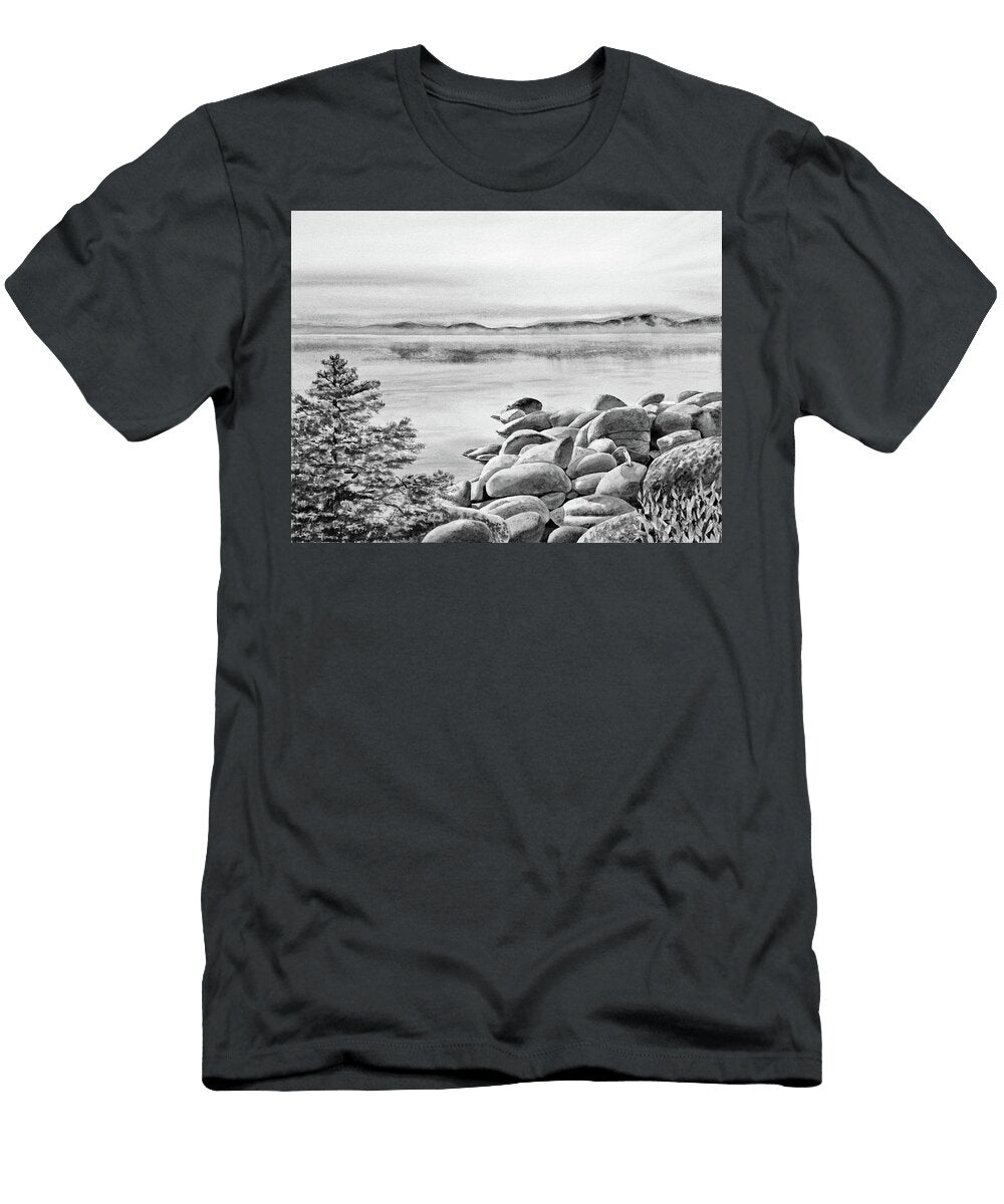 Gorgeous Lake Rocky Shore in Gray Watercolor Irina Sztukowski T-Shirt