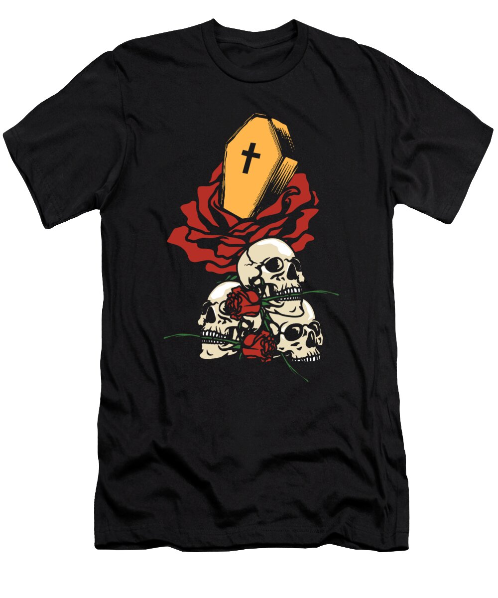 Gothic Skull Roses Death Grave Aesthetic Dark Pattern Toms Store T-Shirt