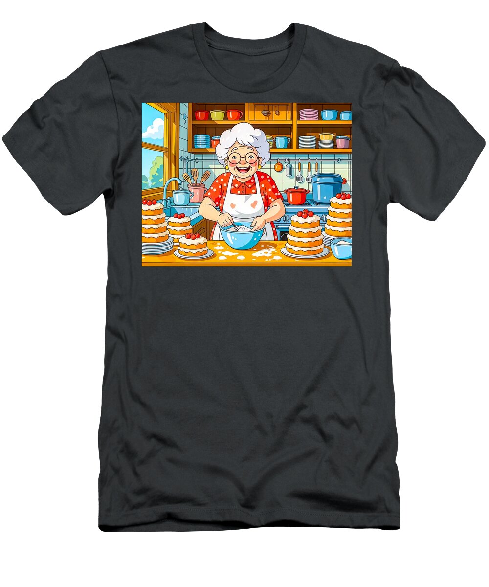 Grandmother Cooking Pancakes Illustration Art Momente T-Shirt