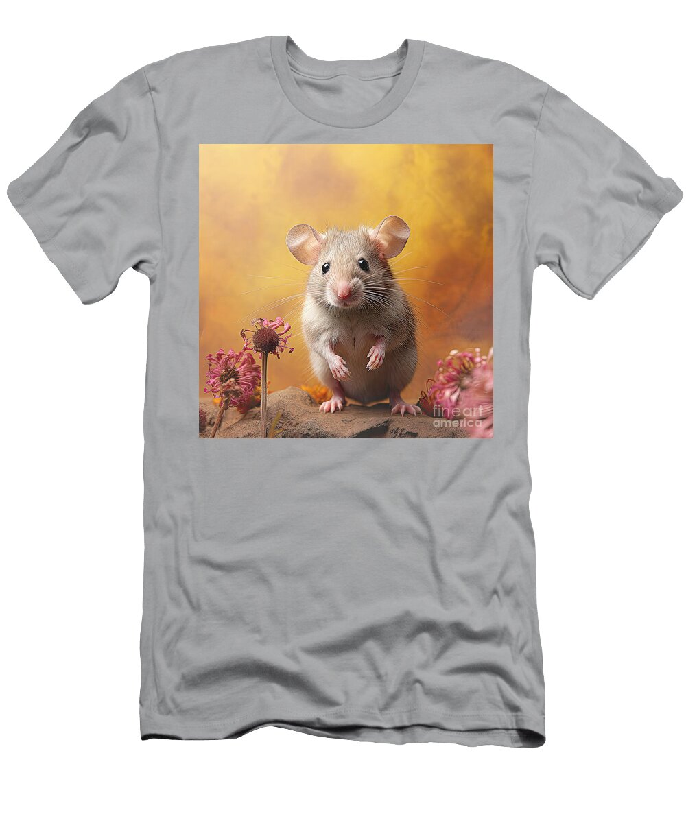 Gray Mouse and Pink Flowers Elisabeth Lucas T-Shirt
