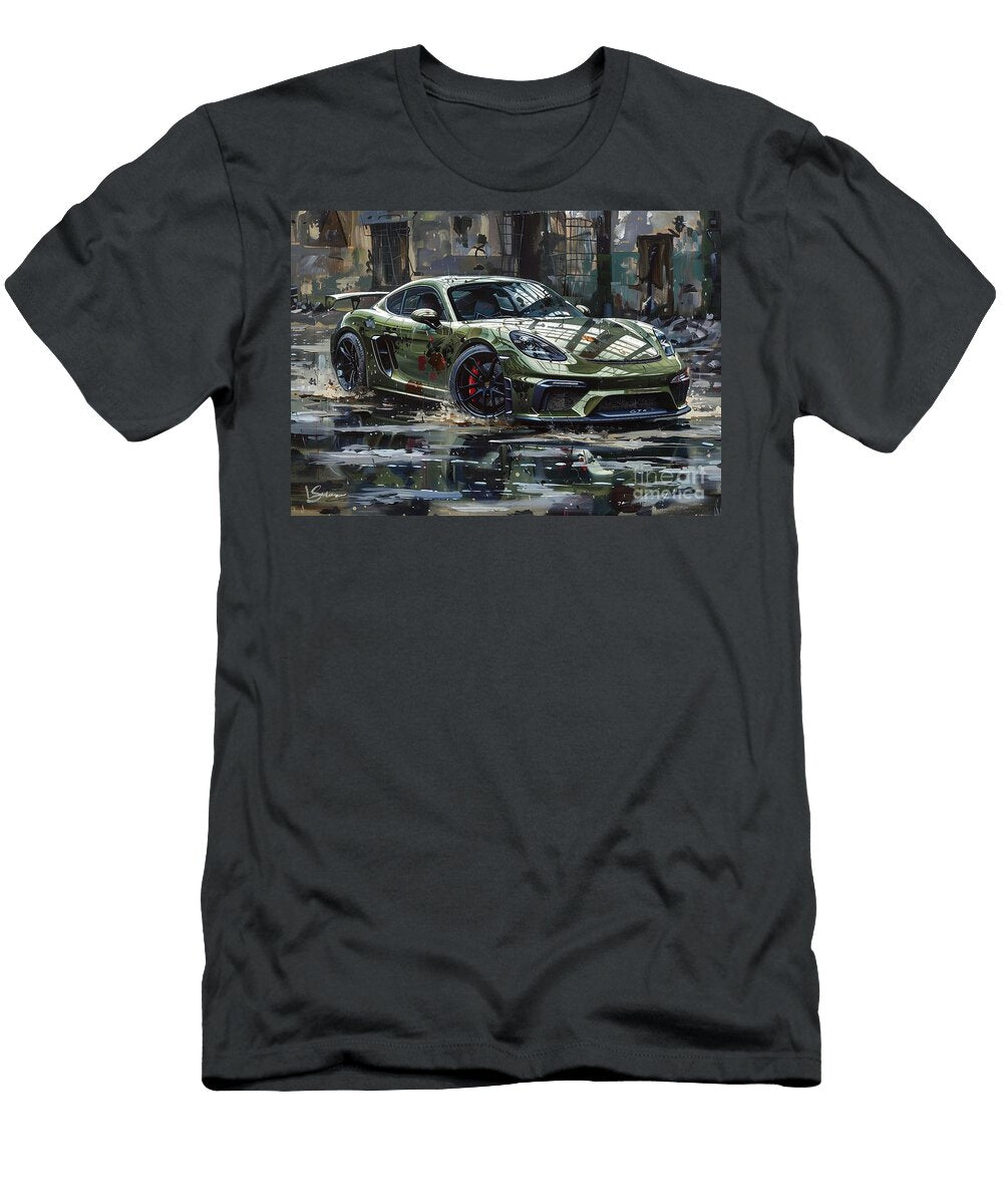 Green Porsche Sports Car in Wet Asphalt Clark Leffler T-Shirt