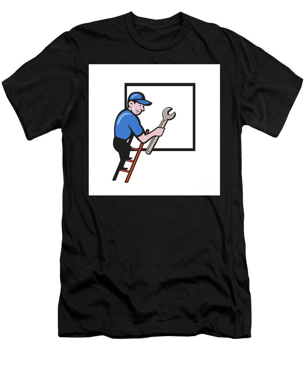 Handyman Climbing Ladder Window Cartoon Aloysius Patrimonio T-Shirt
