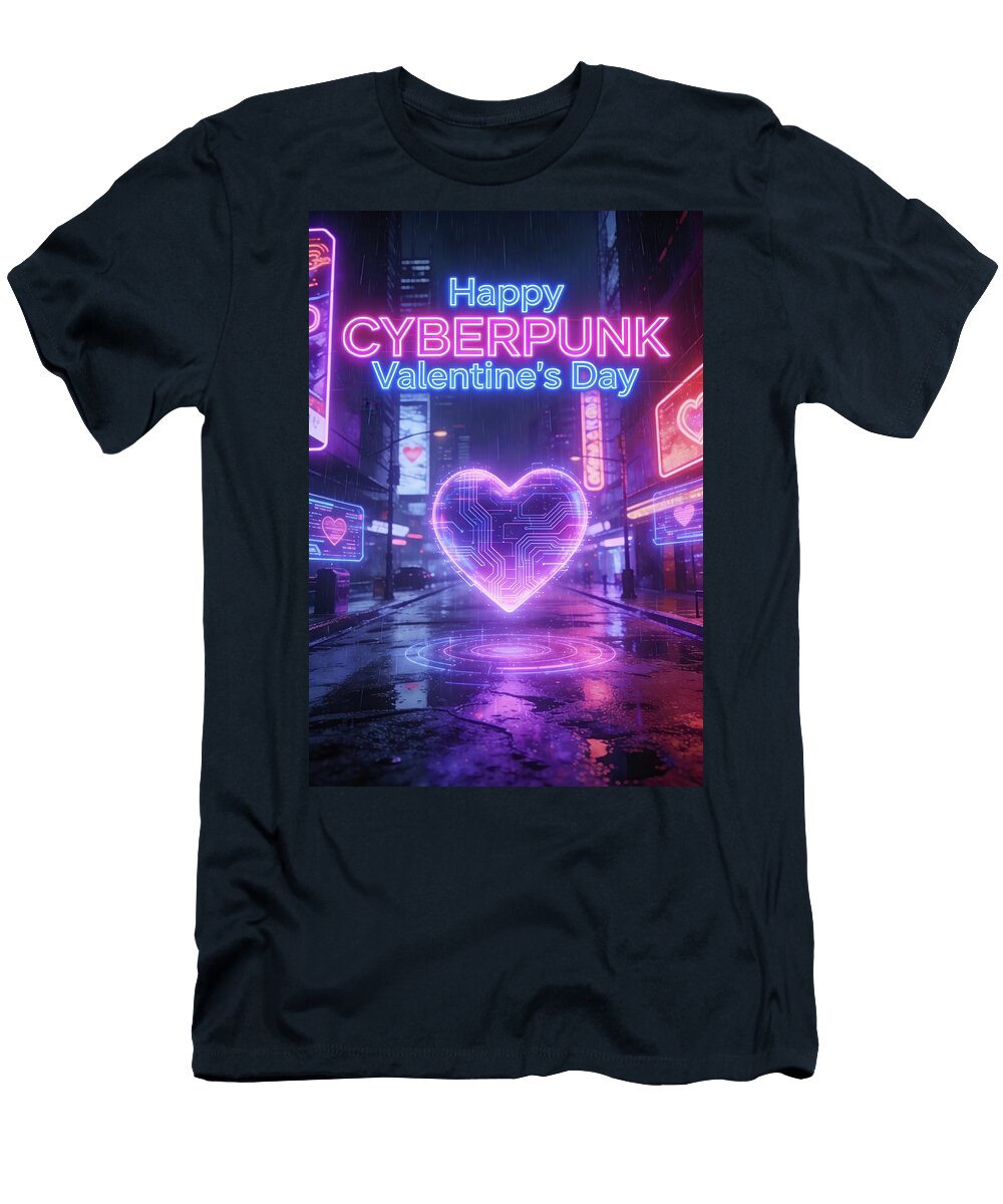 Happy Cyberpunk Valentines Day Neon City Heart Matthias Hauser T-Shirt