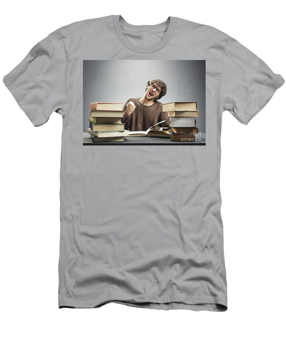 Happy Man Sitting By the Stacks of Books Michal Bednarek T-Shirt