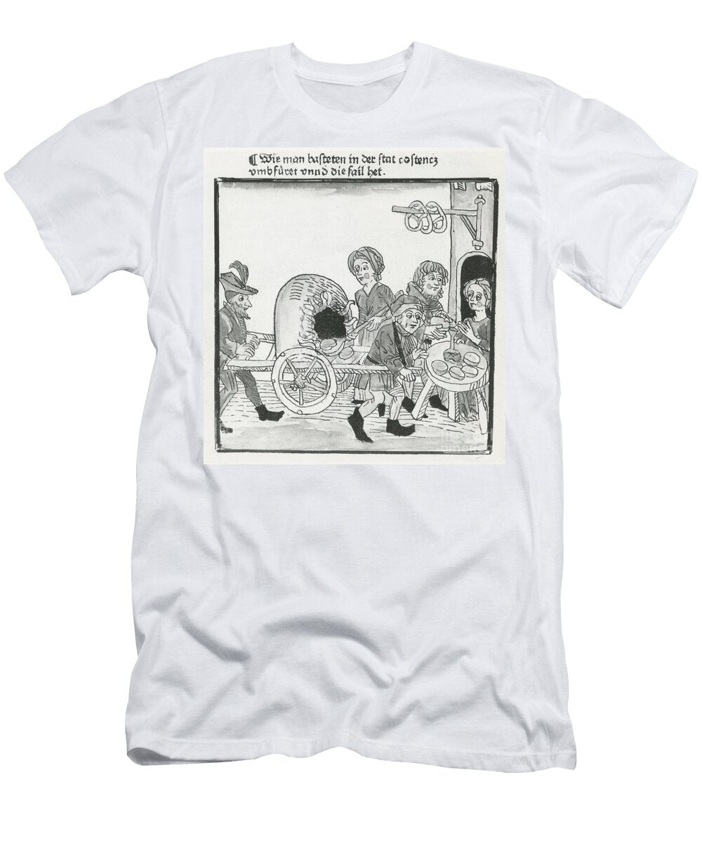 Hawker of Pancakes and Pretzels During the Council of Constance in 1417 After an Incunabulum Circa 1485 German School T-Shirt