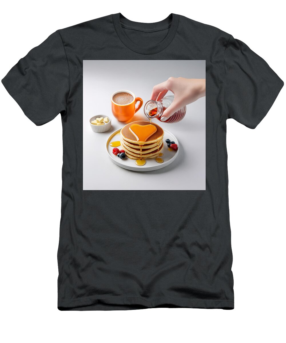 Heart Shaped Pancackes with Heart Shaped Syrup Pattern on Top with Heart Shaped Butter and Coffee Lins Creations Llc T-Shirt