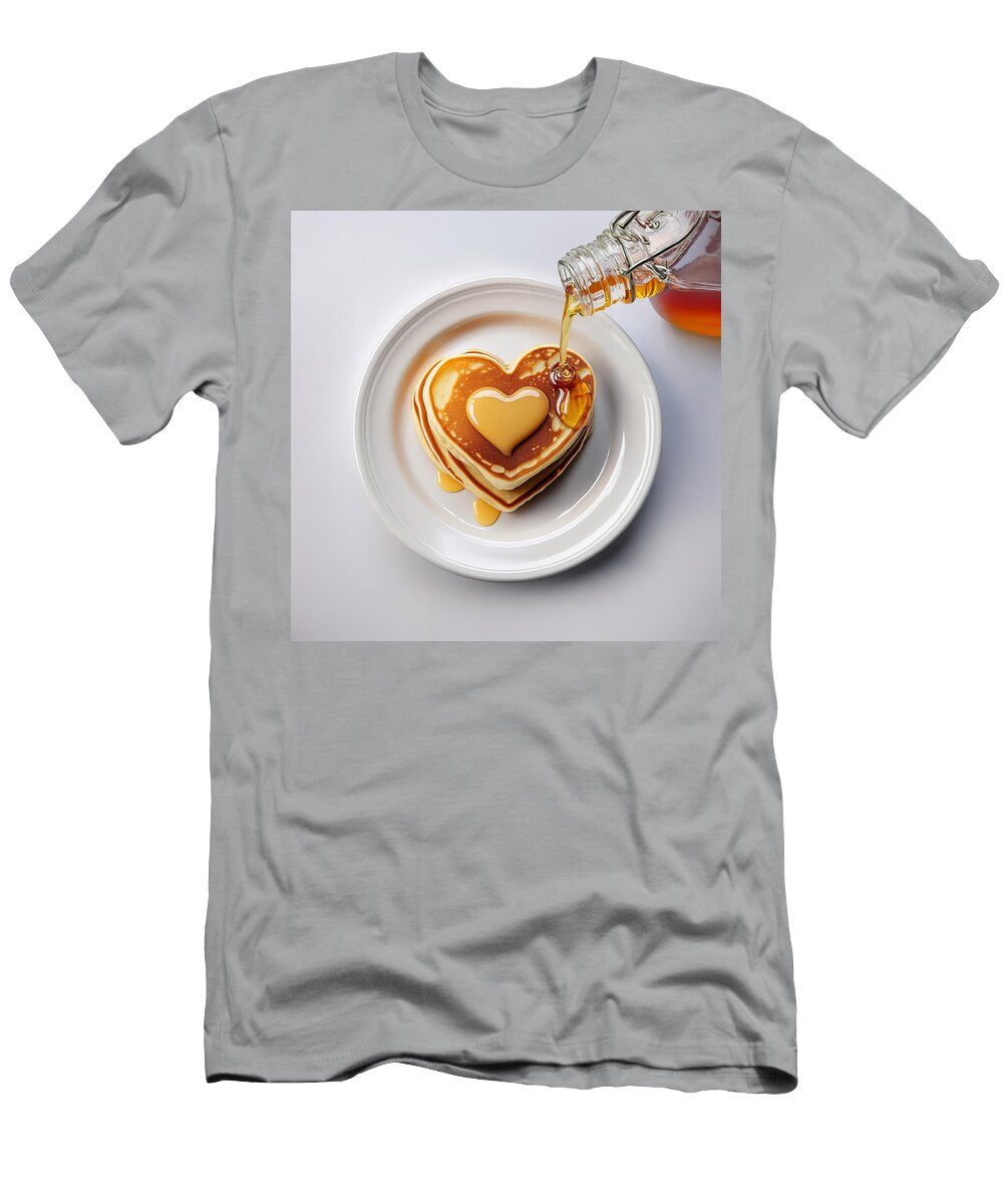 Heart Shaped Pancakes with Melted Heart Shaped Butter While Syrup Is Being Poured Lins Creations Llc T-Shirt
