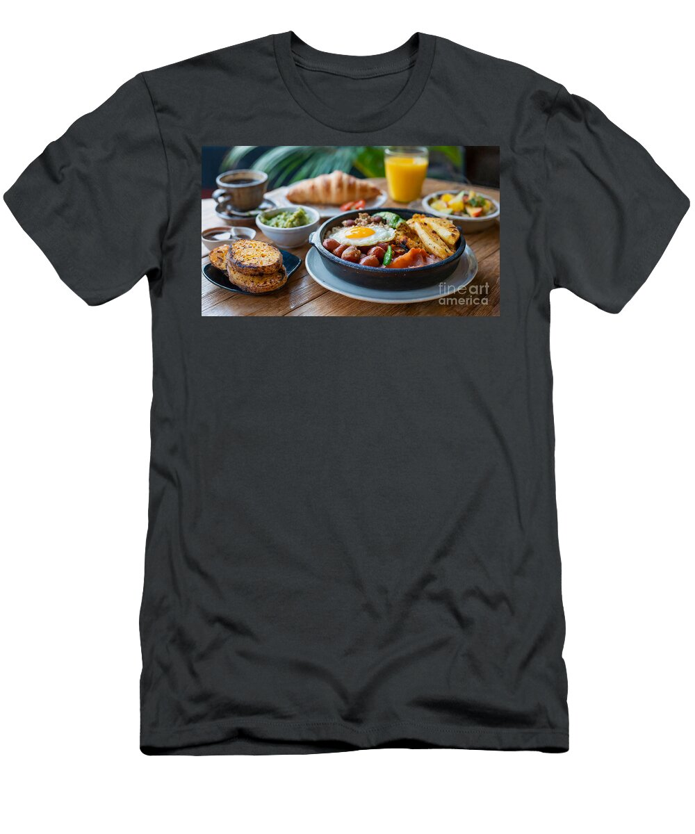 Hearty Breakfast with New Potatoes Fried Eggs Croissants Coff Viktor Birkus T-Shirt