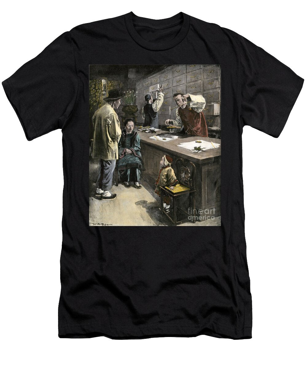 History of Immigration in America Chinese American Pharmacist Weighing Medicines in a Shop in Chinatown San Francisco USA 1890 Colourful Engraving of the 19th Century American School T-Shirt