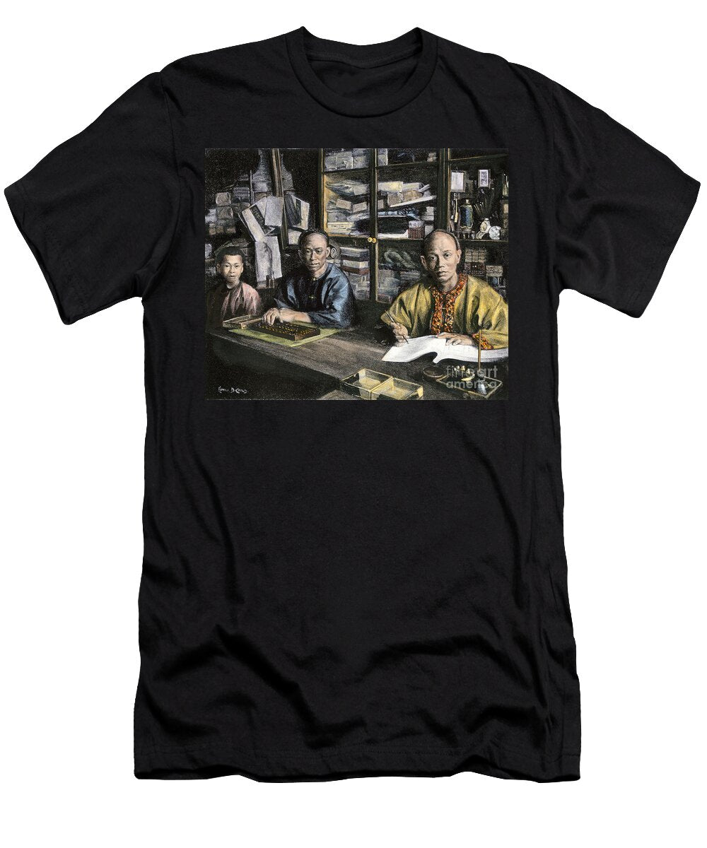 History of Immigration in America Chinese Merchant Using an Abaque Abacus and Accountant From San Francisco USA Circa 1890 From a Photograph American School T-Shirt