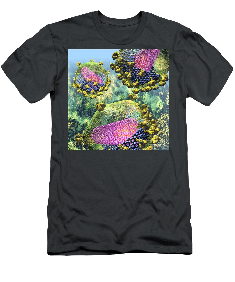 Hiv Three Sectioned Virions on Blue Russell Kightley T-Shirt