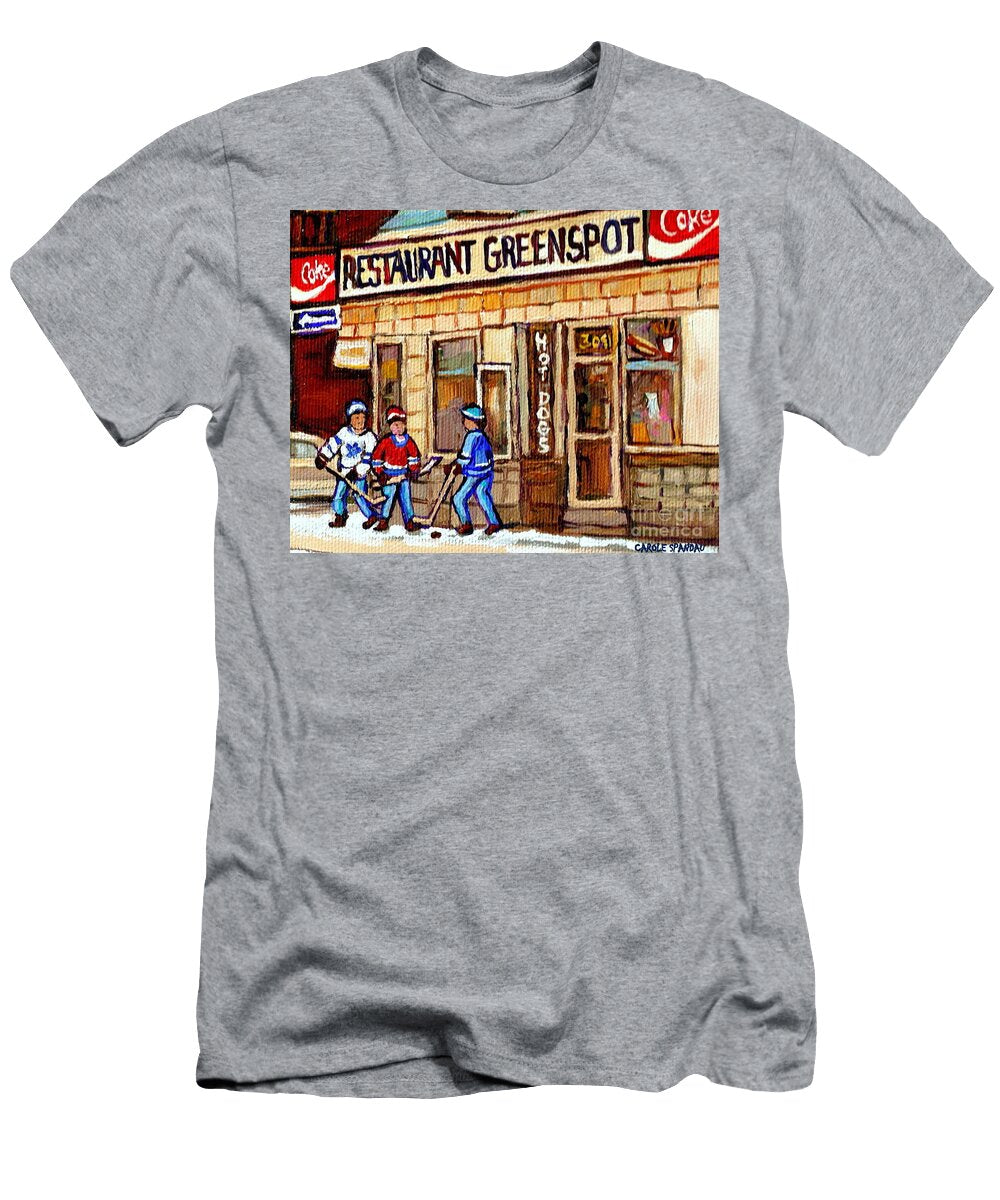 Hockey and Hotdogs At the Greenspot Diner Montreal Hockey Art Paintings Winter City Scenes Carole Spandau T-Shirt