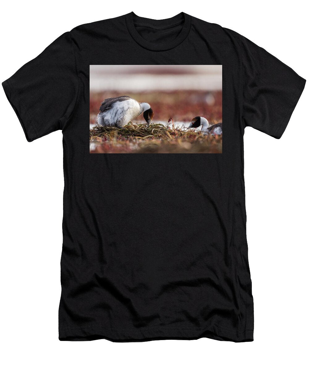 Hooded Grebe Pair on the Nest with Clutch of Eggs Strobel Ugo Mellone Natureplcom T-Shirt