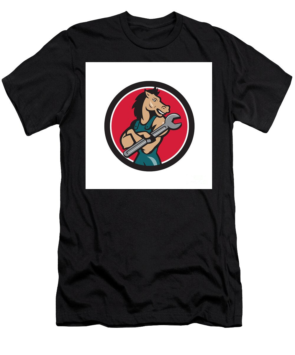 Horse Mechanic Spanner Circle Cartoon Aloysius Patrimonio T-Shirt