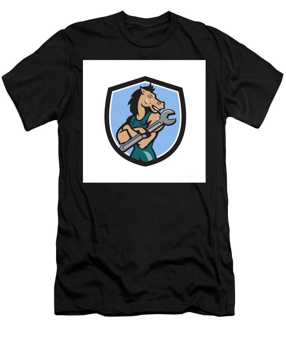 Horse Mechanic Spanner Crest Cartoon Aloysius Patrimonio T-Shirt
