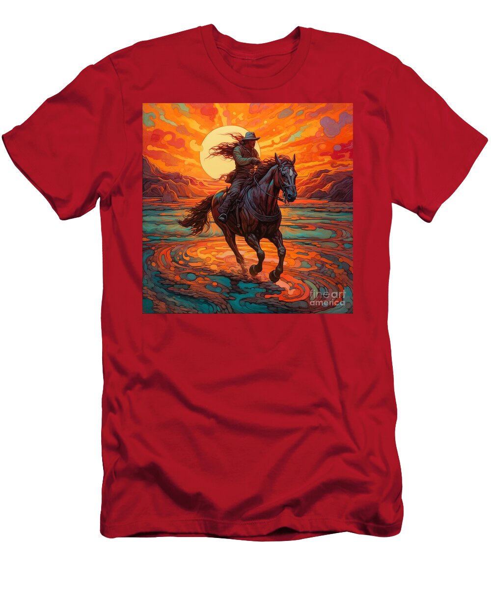 Horse Rider Sunset Silhouette Art Print for Sunset Lovers Iyanuoluwa Akojiyan T-Shirt