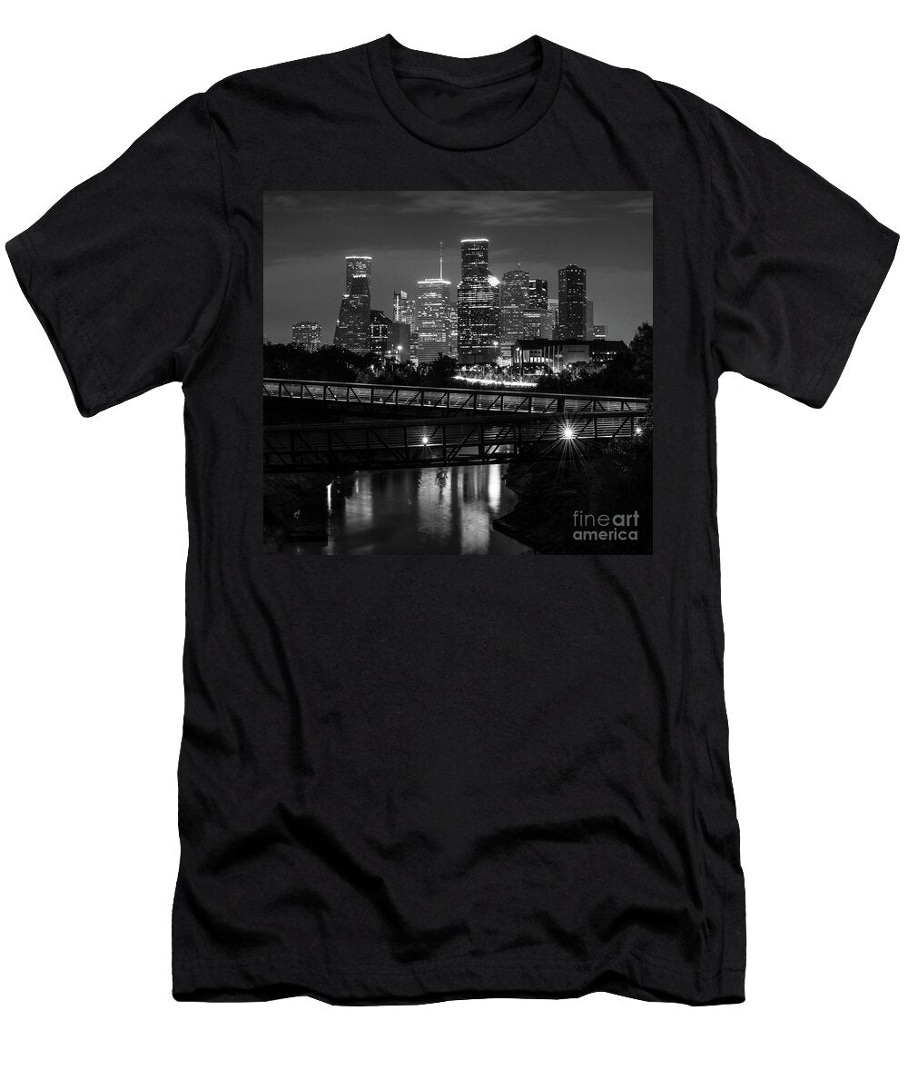 Houston Skyline Over Bayou Bw Pano Tod and Cynthia Grubbs T-Shirt