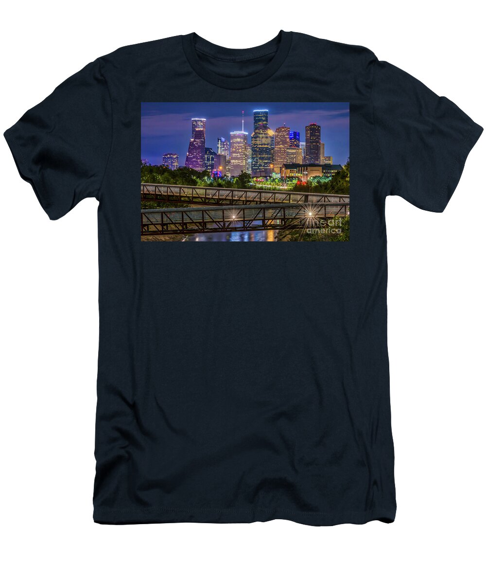 Houston Skyline Rosemont Bridge At Buffalo Bayou Twillight Bee Creek Photography Tod and Cynthia T-Shirt