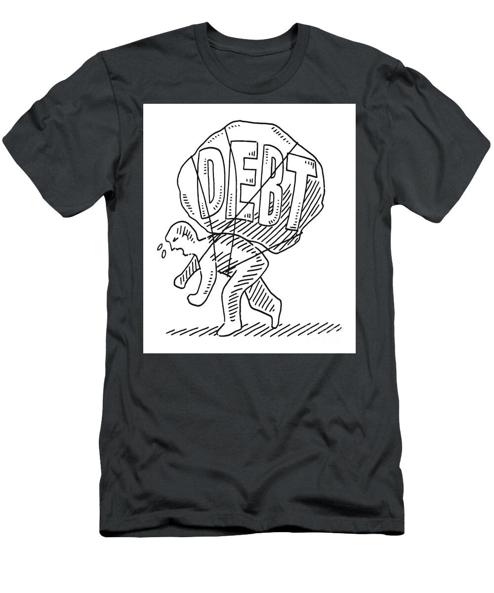 Human Figure Carrying Big Weight of Debt on His Back Drawing Frank Ramspott T-Shirt
