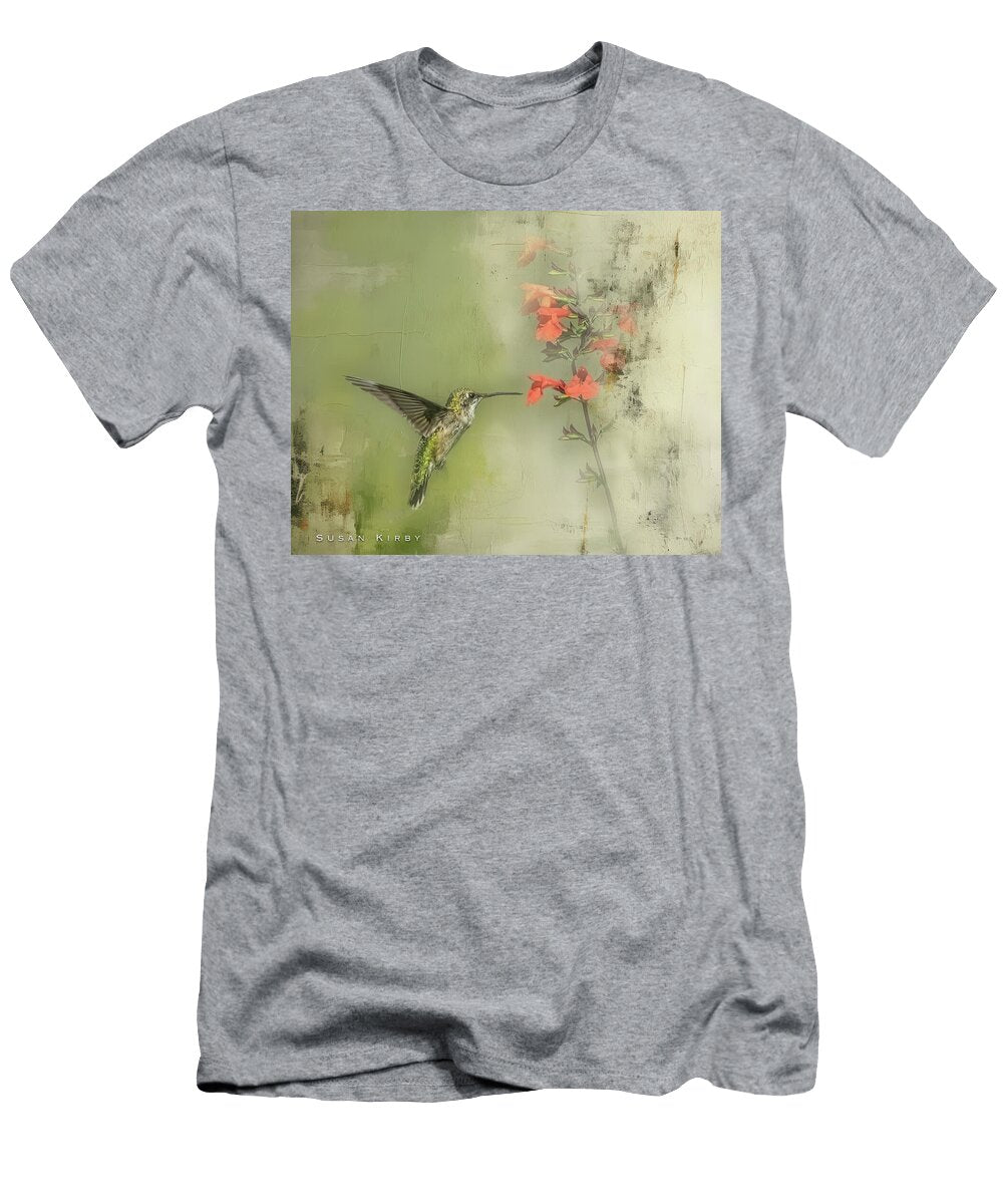 Hummingbird Pauses By Vibrant Flowers Susan Kirby T-Shirt