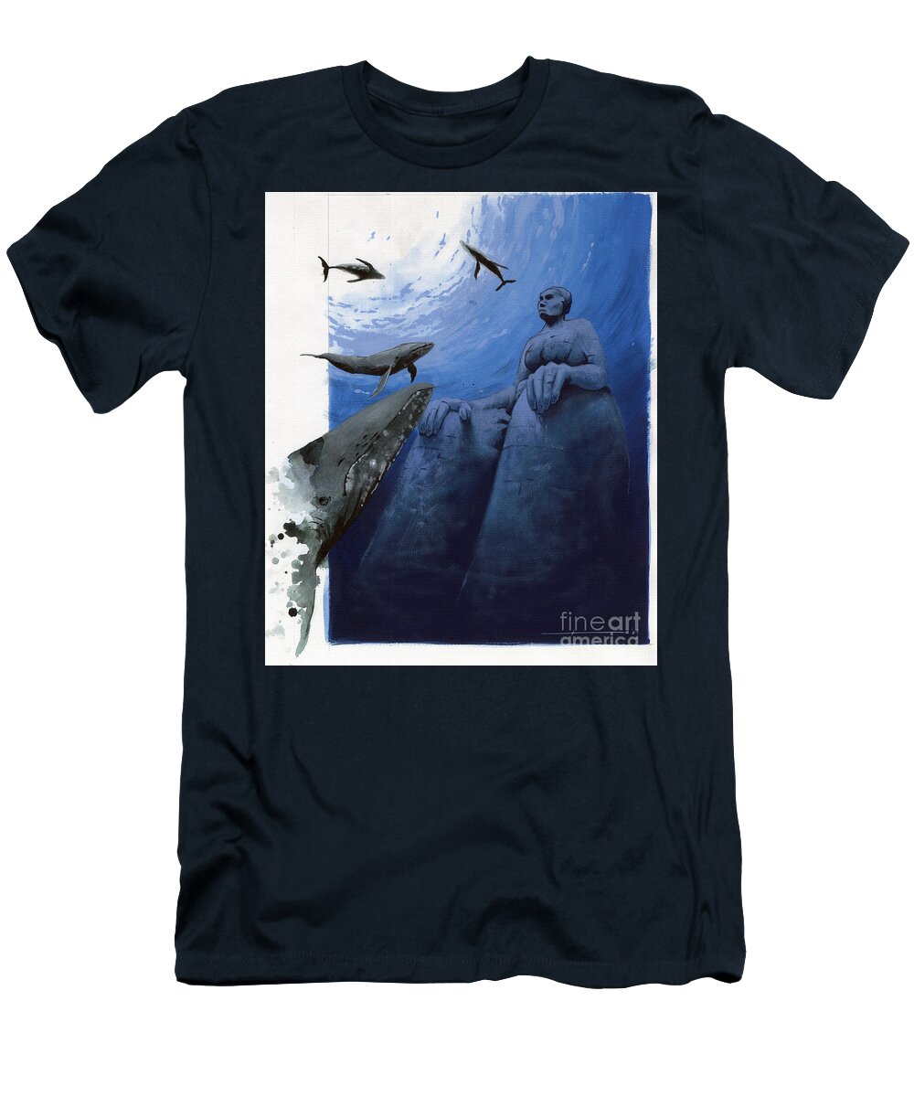 Illustration of the Myth of the Island Disappeared Under the Atlantis Sea Whales in the Depths of the Sea Around the Ruins of the Legendary Island Colour Drawing By Alessandro Lonati Alessandro Lonati T-Shirt