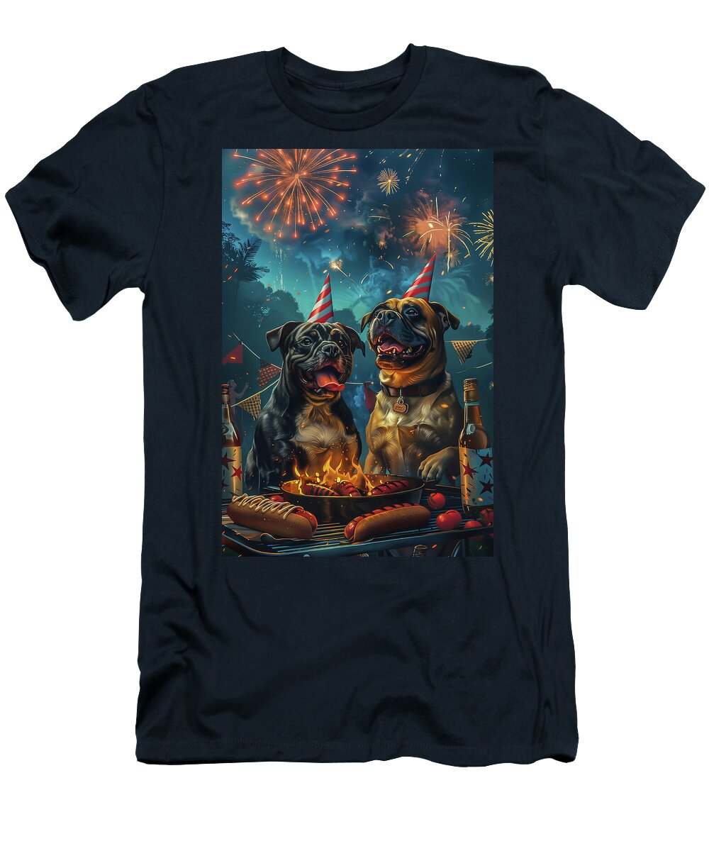 Illustration of Two Dogs Celebrating Fourth of July By Grilling Hotdogs Carmen Sisson T-Shirt