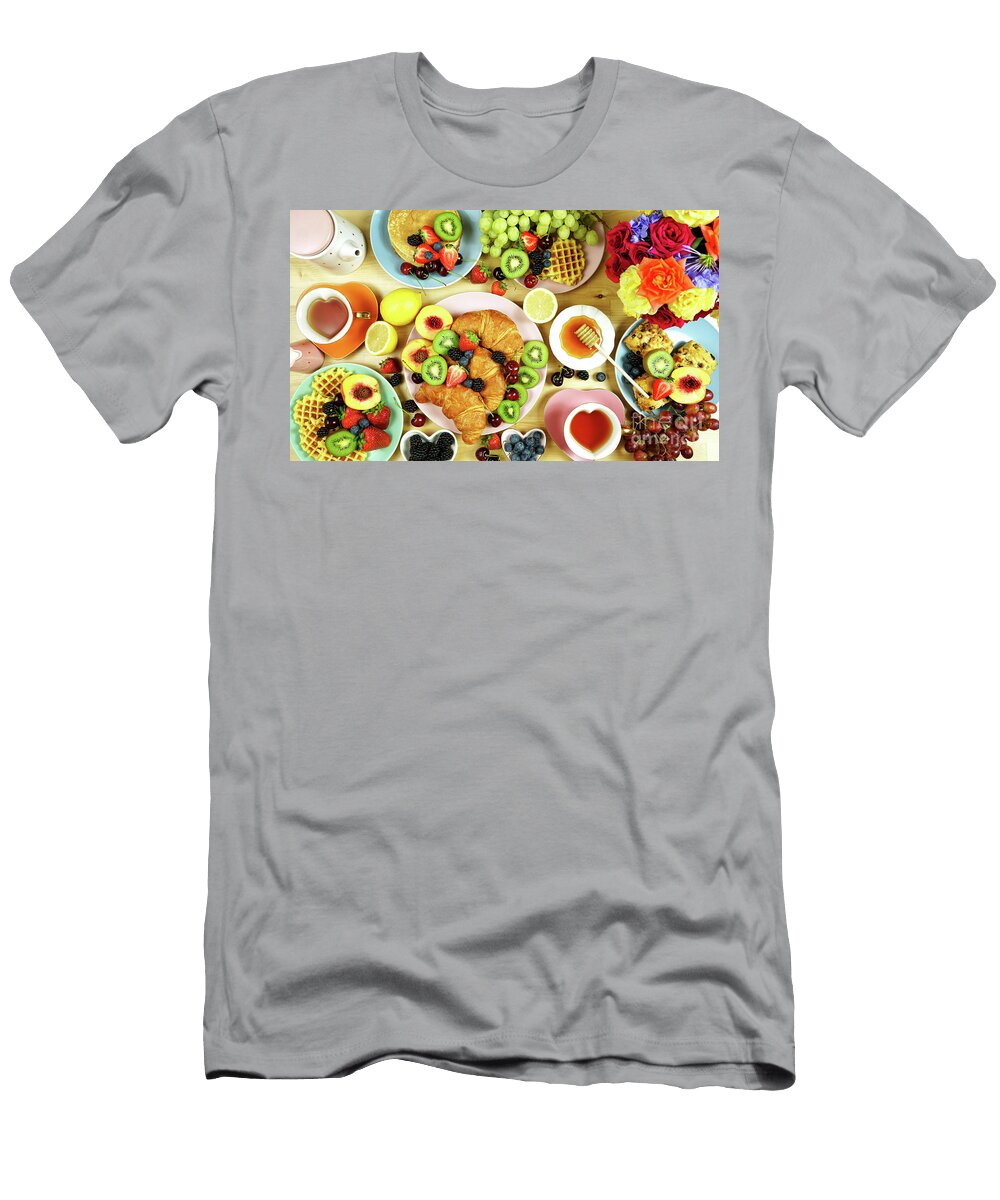 Indulgent Breakfast Flat Lay with Croissants Pancakes Waffles and Fruit Milleflore Images T-Shirt