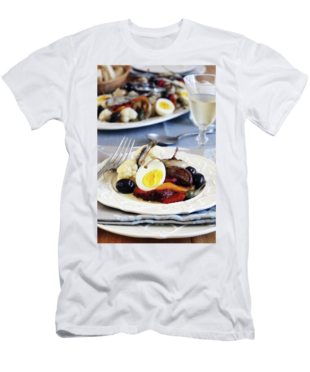 Insalata Di Rinforzo Sweet and Sour Salad with Eggs Anchovies Cucumber Pepper Olives and Culiflower Italy Mario Matassa T-Shirt