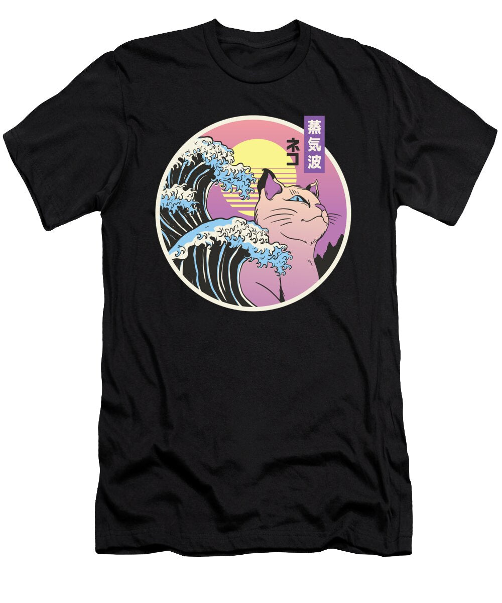 Japanese Vaporwave Cat with Tsunami and Sunset Licensed Art T-Shirt