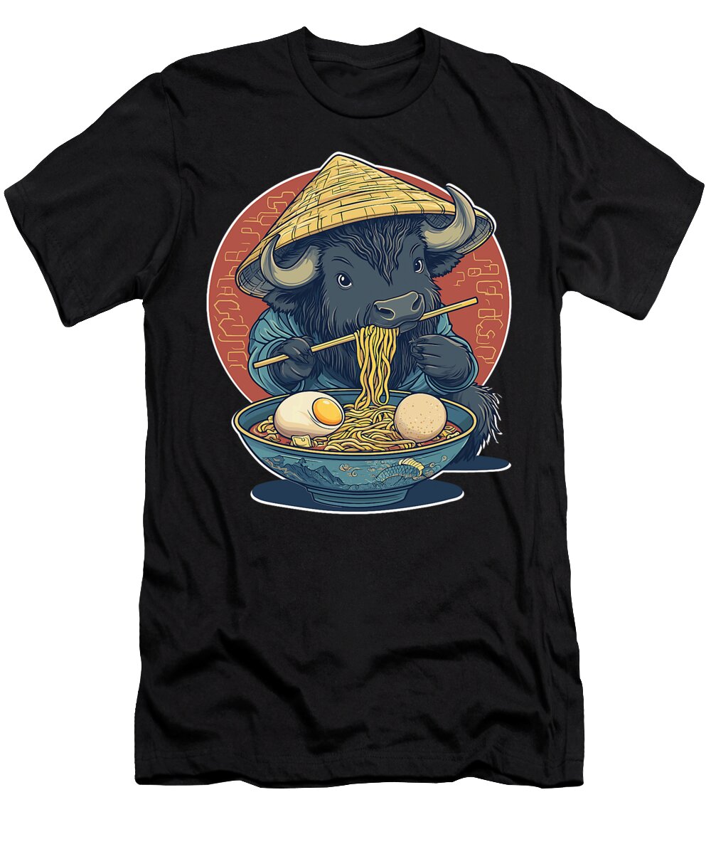 Kawaii Bison Eating Ramen in a Noodle Bowl Maisie Jackson T-Shirt