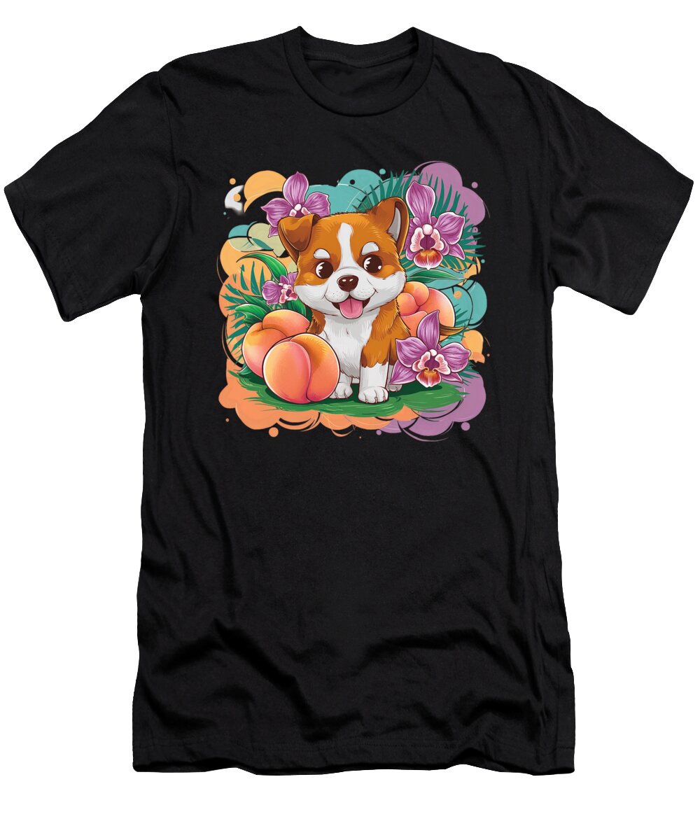 Kawaii Cartoon Dog with Peach and Orchids Zyneu Gangd T-Shirt
