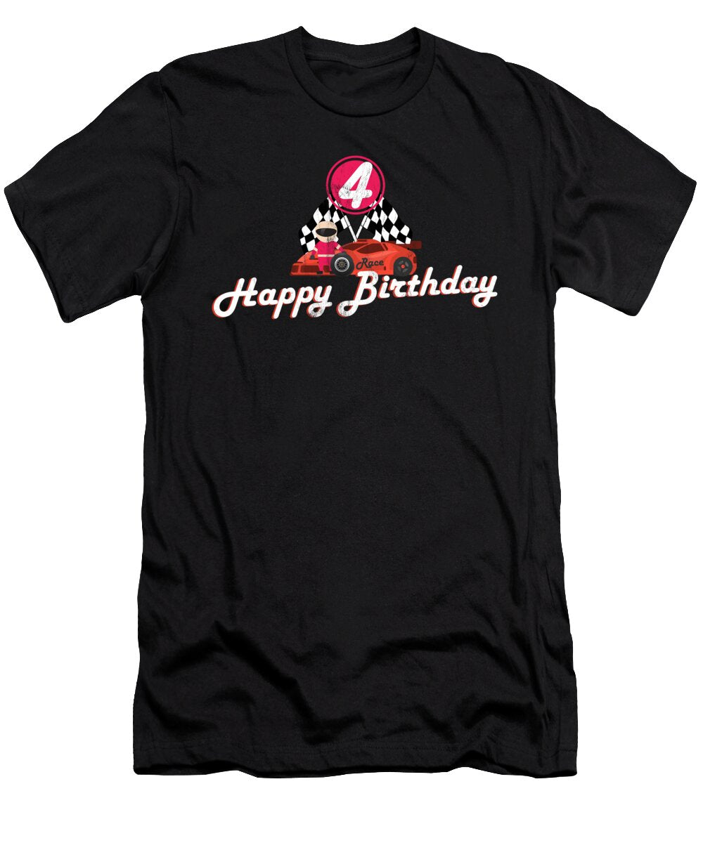 Kids 4th Fourth Four 4 Years Old Happy Birthday Race Car Design Noirty Designs T-Shirt