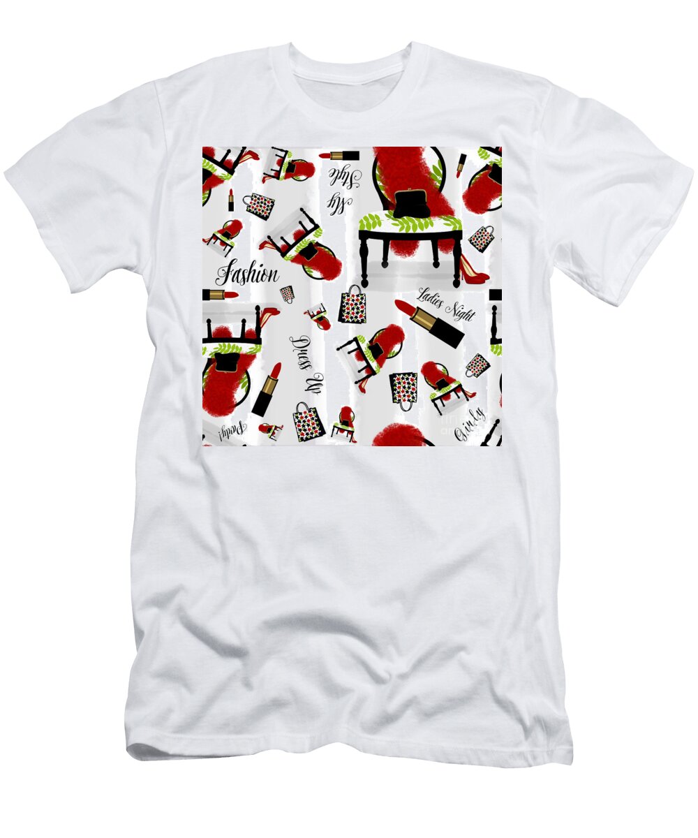 Ladies Night Out Fashion Pattern Feather Boa Lipstick Shopping Tina Lavoie T-Shirt